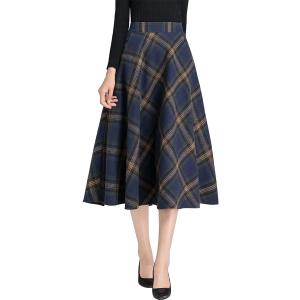 IDEALSANXUN Womens High Elastic Waist Maxi Skirt A-line Plaid Winter Warm Flare Long Skirt (Small, Mid-Calf Navy)