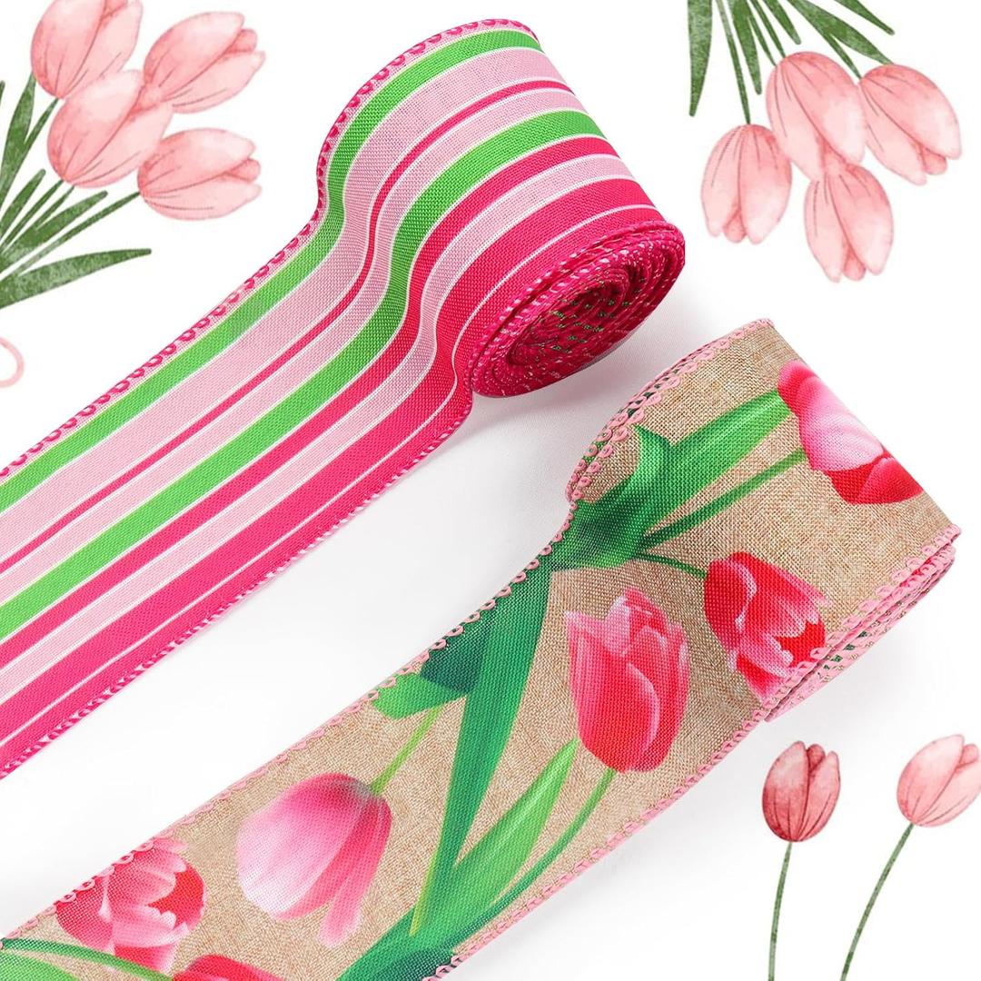 Threetols 2 Rolls 10 Yards Floral Wired Edge Ribbon, 2.5inch Pink Tulip Burlap Ribbon, Pink Green Stripe Gift Wrapping Ribbon for Farmhouse Party DIY Craft Spring Wreaths Bow Decoration