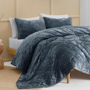 Wonderful Velvet Quilt Queen Stitch Bedding Set Blue, Diamond Stitched Lightweight Comforter with Shams, Luxury Bedspread Soft Coverlet with Brushed Back for All Season
