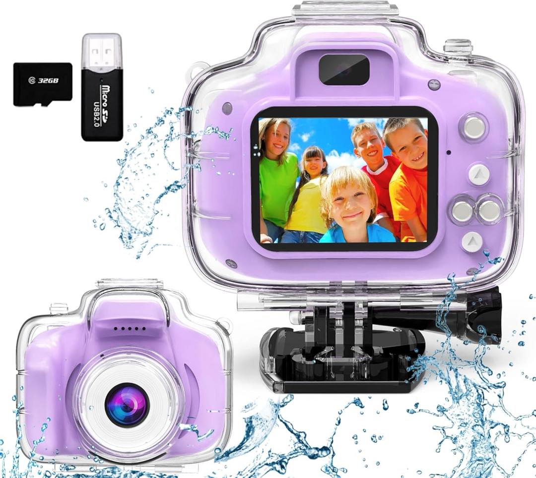 Kids Camera Waterproof Underwater Camera for 3-12 Year Old Boys Girls 2 Inch IPS Screen 1080P HD Digital Kids Video Camera Indoor Outdoor Action Cameras Best Christmas Birthday Gifts, Purple
