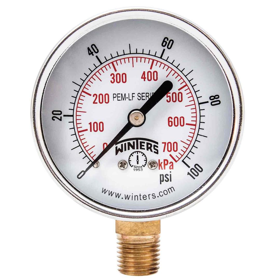 Winters 2-1/2 inch Dial Size, Economy Utility Pressure Gauge, Potable Brass Internals, Steel Case, Dual Scale 0-100 psi/kPa, 3-2-3% Accuracy, 1/4 inch NPT Bottom Mount, Drinking Water Pressure Gauge