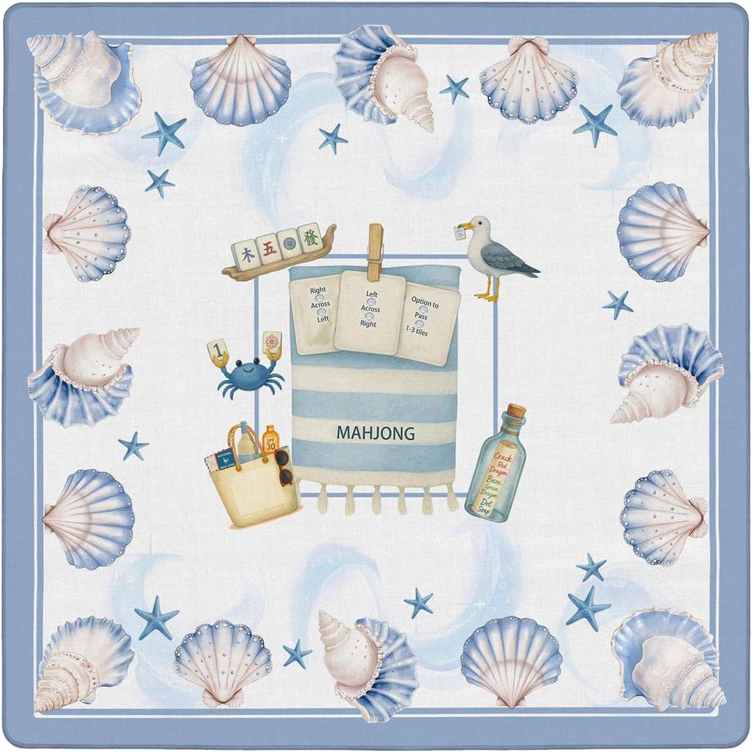 Blue and White Coastal Beach Mahjong Mat 31.5x31.5 Inch, Summer Ocean Seashell Seagull Non-Slip Noise Reduction Mahjong Table Mat for American Mah Jong Poker Card Board Games Dominoes