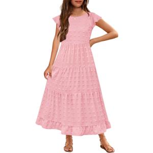 HOSIKA Girls Maxi Dress Ruffle Sleeve Swiss Dot A Line Tiered Flowy Casual Party Dresses with Pockets for 6-12 Y (Pink, XL)