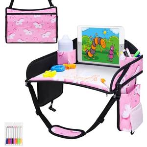 WENRENER Kids Travel Tray, Car Seat Tray for kids Travel, Toddler Road Trip Essentials With Drawing Kit, Toddler Lap Desk Organizer for Car, Car seat Table for Airplane, Pink