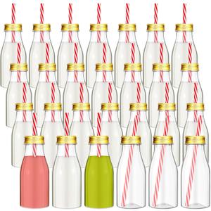 Irenare 40 Sets Plastic Small Milk Bottles with Straws and Metal Lids Clear Plastic Bottle for Dairy Milk Party Bottle for Milk Juices Shakes Smoothies, 40 Bottles and 40 Straws (Gold,8 oz)