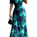 GORGLITTER Women's Ruched Maxi Dresses Floral Asymmetrical Neck Short Sleeve Prom Bodycon Wedding Guest Long Dresses M