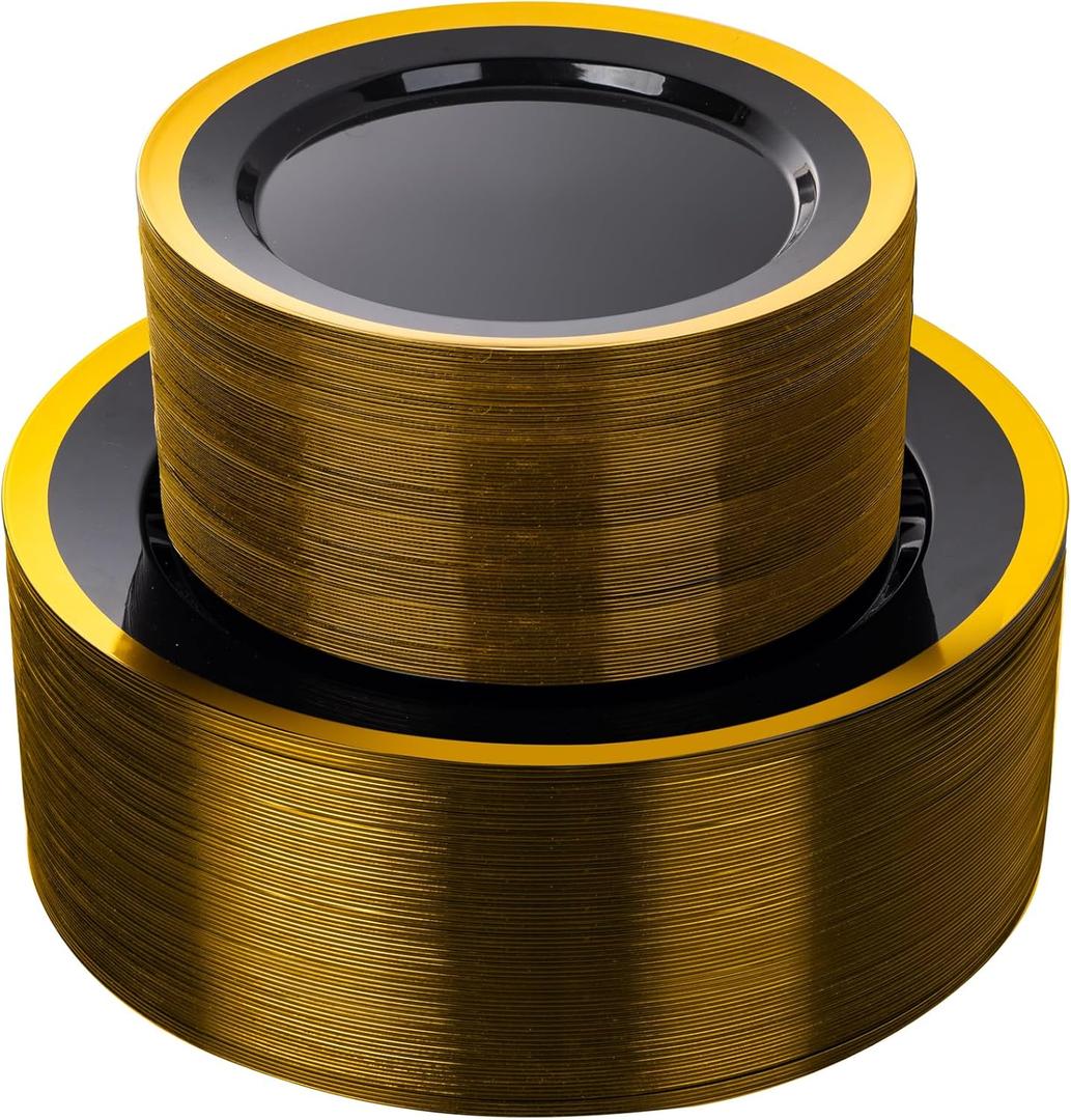supernal 120pcs Black and Gold Plastic Plates Disposable Fancy Elegant Party Plates Heavy Duty Gold Plastic Dinnerware with Dinner and Dessert Size for Party, Valentine's Day Party and Wedding
