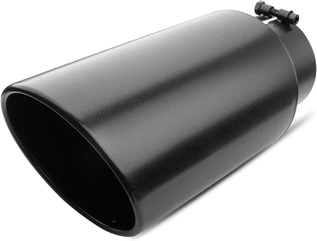 5 inch Inlet Exhaust Tip, 7" Outlet 15" Overall Length Stainless Steel Exhaust Tail Pipe, Bolt-On, Rolled Edge, Slant Sleek Angle Cut, Polished Tailpipe, Black