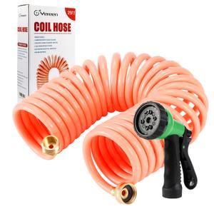 Yereen Garden Hose 25FT EVA Water Hose with 7-Pattern Spray Nozzle,Curly Self Coiling Lightweight Garden Hose,Retractable Drinking Water Safe Garden Coil Hose for Lawn Patio (Pink)