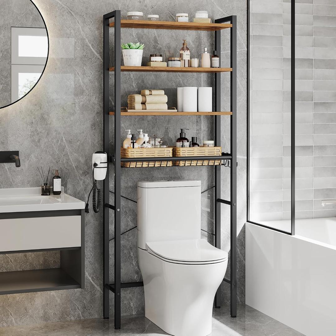 VASAGLE Over the Toilet Storage, Over Toilet Bathroom Organizer with Adjustable Shelves and Basket, 3 Hooks, Space Saving, 9.4 x 23.6 x 68.1 Inches, Rustic Brown UBTS114KD01S