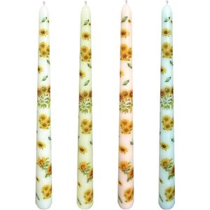 4-Pack Printed Taper Candles Unscented - Dripless & Smokeless 7-Hour Burn - 10" Hand-Poured Candles with Sunflower Design for Dining, Weddings (White/Pastel Yellow/Pink/Blue)