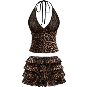 SweatyRocks Women's Y2K Skirts Sets Leopard Print Lace Halter Top and Layered Mini Skirt 2 Piece Outfit Brown, Small