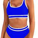 BMJL Women's High Waisted Bikini Sets Sporty Two Piece Swimsuits Color Block Cheeky High Cut Bathing Suits Size L