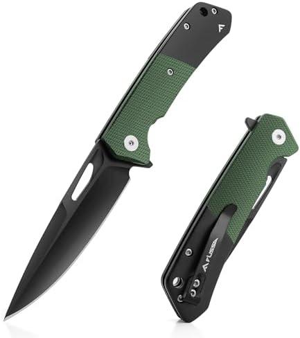 FLISSA Folding Pocket Knife, SANDVIK 14C28N Blade Knife with Micarta-Steel Handle, Pocket Clip and Thumb Hole for EDC Camping Hiking Outdoor