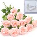 Artificial Rose Flower Blush Flowers Pink Roses Silk Flowers 12 pcs with Long Stem Silk Roses Bouquet for Wedding Bridal Shower Party Home Decoration