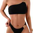 Milumia Women's Ring Linked One Shoulder Bikini Set Two Piece Bathing Suit Swimsuit (Black, Small)