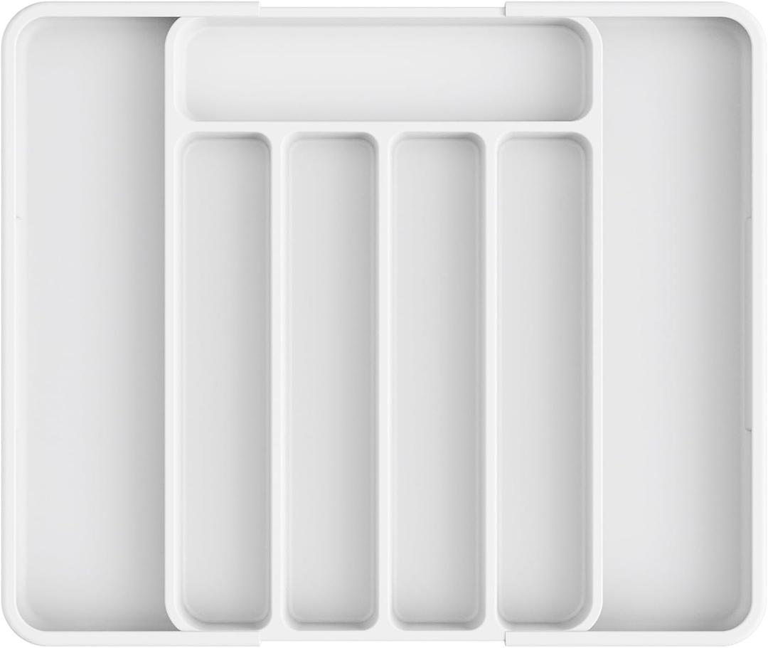 5 x Kitsure Cutlery Drawer Organiser for Kitchen - Adjustable Cutlery Tray for Effortless Utensil Sorting, Versatile Kitchen Storage & Organisation Solution, 12.13" x 1.54" x 8.07"~13.90", White (Medium)