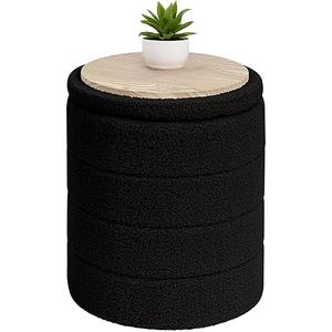 ZOLANOful 18" Tall Round Boucle Storage Ottoman, Sherpa Teddy Fabric Ottoman Footstool with Wooden Tray Reversible Lid, Folding Footrest with Storage for Living Room, Bedroom, Dorm, Black