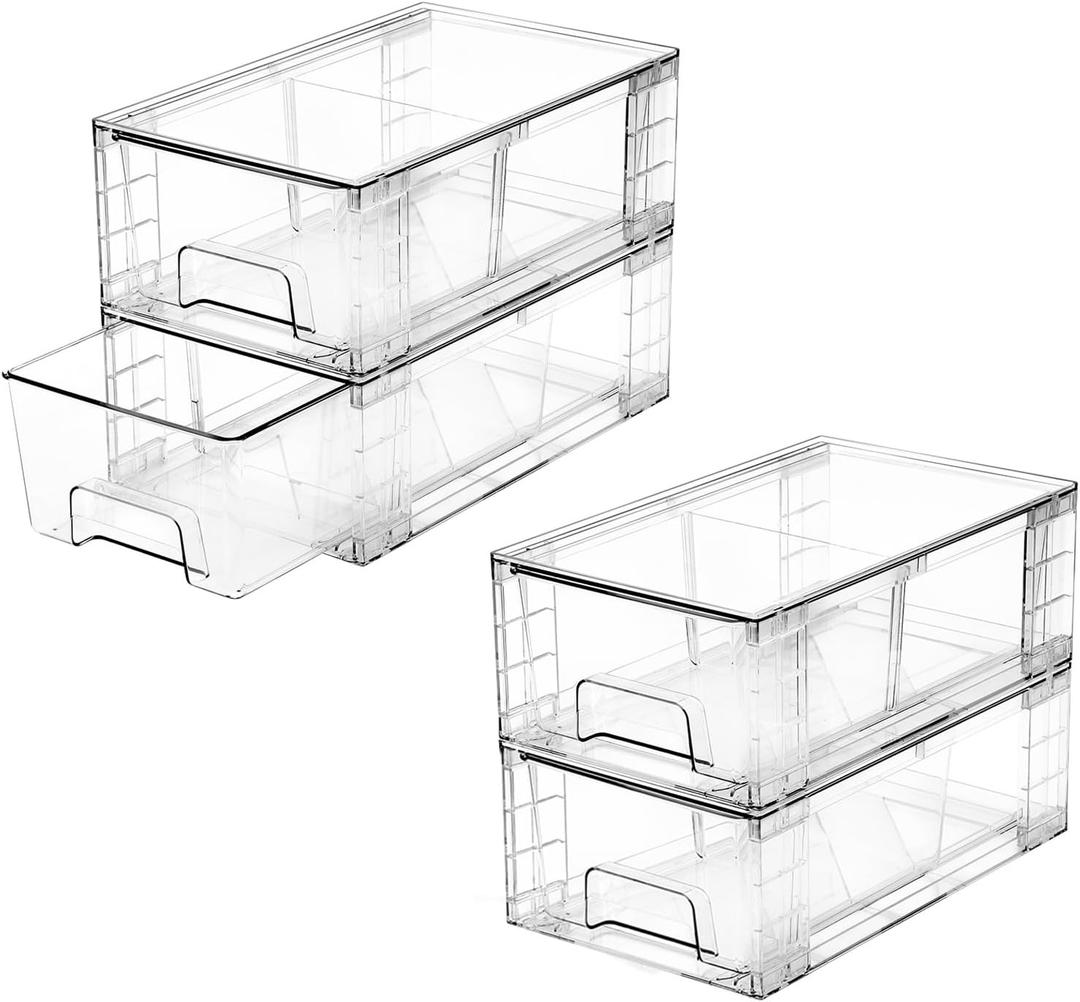 4 Pack Stackable Storage Drawers with Handles, Easy Assembly Clear Acrylic Fridge Organizer, Refrigerator Organizers and Storage for Kitchen, Under Sink, Pantry, Bathroom