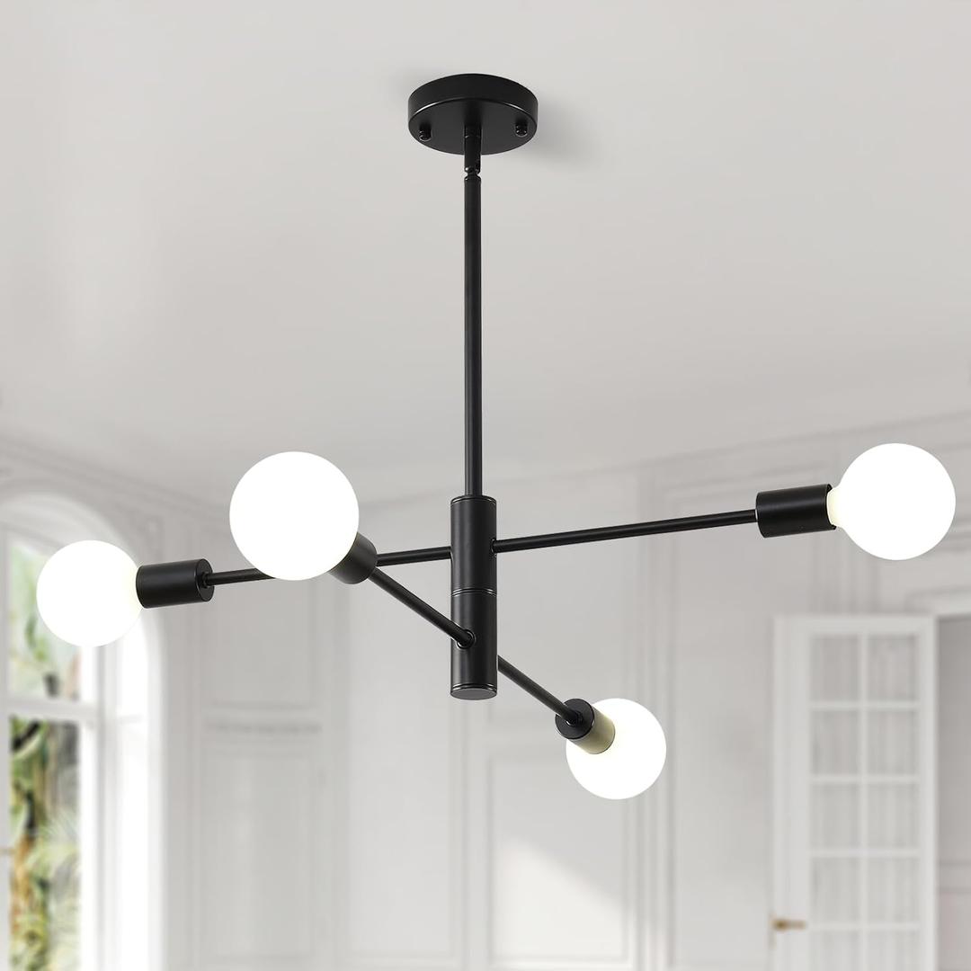 HHR 4-Light Sputnik Chandelier, Black Modern Chandelier Ceiling Light Fixture, Height Adjustable Chandeliers for Dining Room Kitchen Island, Mid Century Pendant Lighting for Living Room