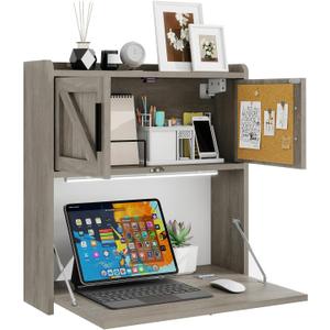 ARTETHYS Wall Mounted Desk with LED Light Farmhouse Multifunctional Fold Down Laptop Computer Table Writing Workstation with Storage Compartments Space Saving for Home Office, Gray, Compact, 6.3"D x 23.4"W x 24.4"H