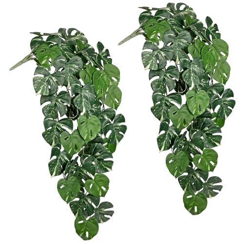 UV Resistant Artificial Hanging Plants Set of 2, 33" Fake Hanging Plants Realistic Monstera Leaf, Long Faux Hanging Plant Artificial Greenery Decor for Outdoor Garden Patio & Indoor Living Room Decor