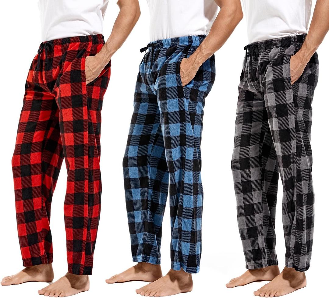 DG Hill 1Pack or 3Pack Mens PJ Pajama Pants Bottoms Fleece Lounge Pants Sleepwear Plaid PJs with Pockets Microfleece (X-Large, 3pack-blue/Gray/Red)