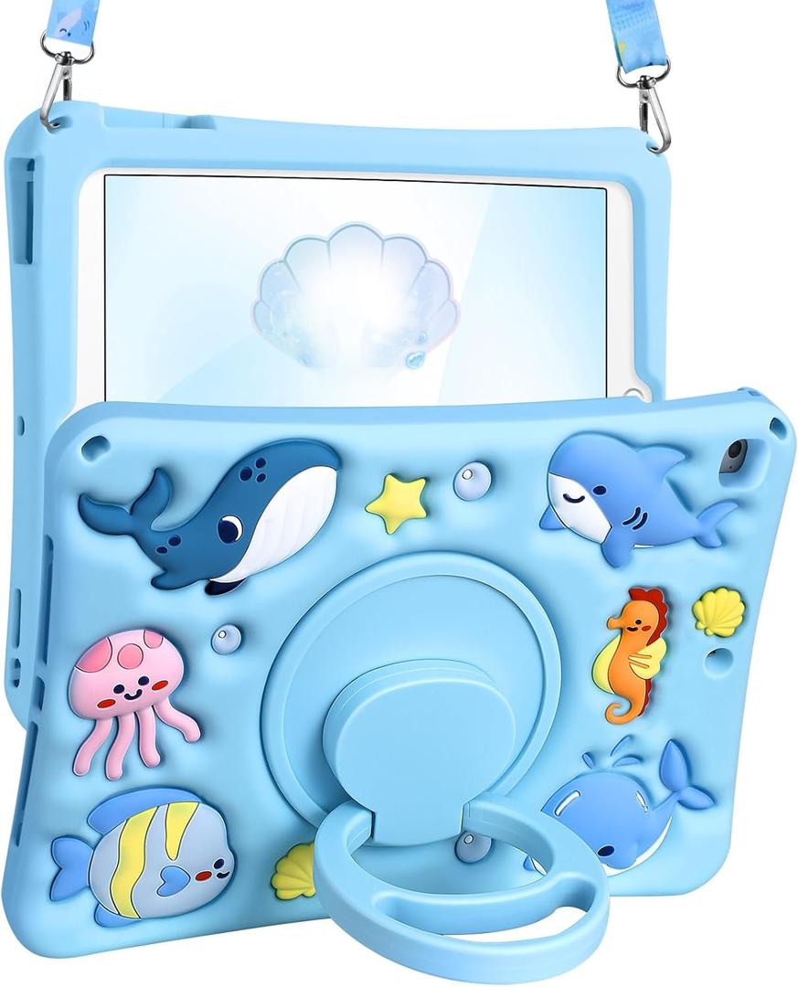 for iPad 6th/5th Generation Case, Air 1st/Air 2nd, for iPad Pro 9.7 Inch Case - for Girls Boys Cute Kawaii Girly Cover 3D Cartoon Ocean Design with Rotating Stand & Strap Silicone Blue Cases