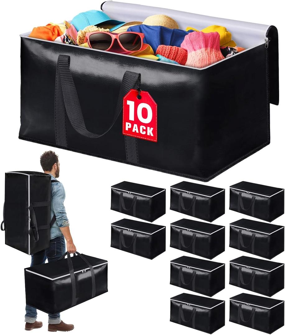 StoreHappily Heavy-Duty & Extra Capacity Moving Bags with Backpack Straps, Storage Totes with Double Zipper & Strong Handles, Packing Bags Alternative to Moving Boxes, Moving Supplies (10 Pack, Black) (33 Gal)
