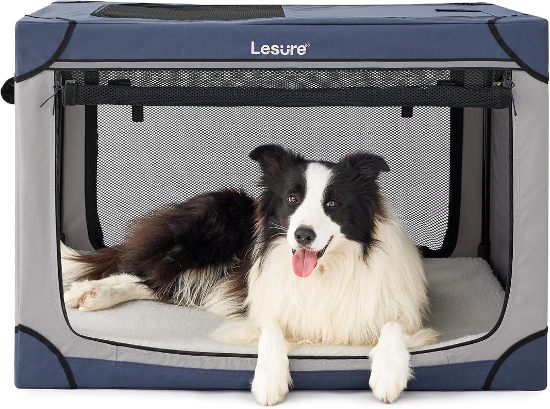 Lesure Soft Collapsible Dog Crate - 36 Inch Portable Travel Crate for Large Dogs Indoor & Outdoor, 4-Door Foldable Pet Kennel with Mesh Windows, Blue