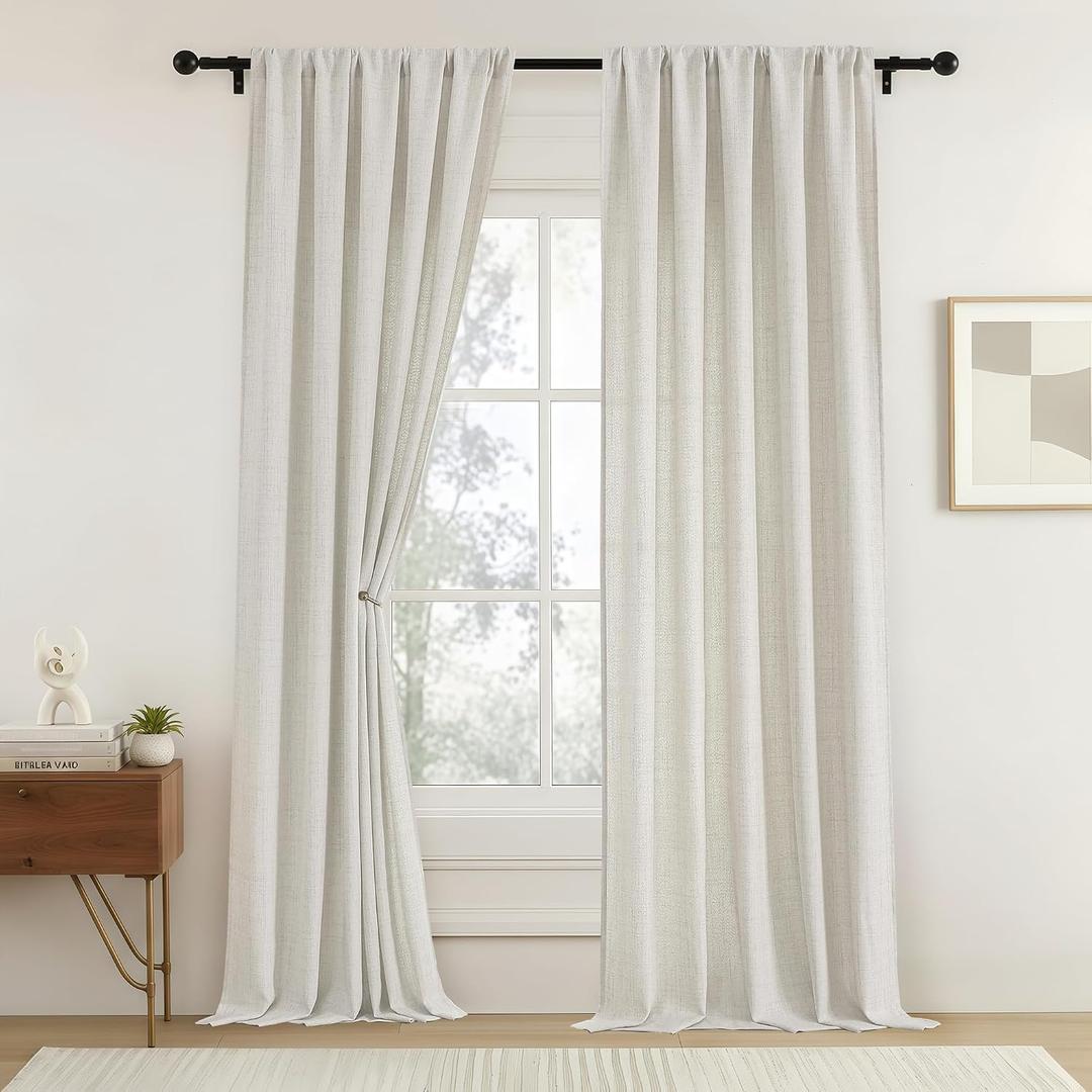 OVZME Extra Wide Curtains 96 Inches Long 2 Panels, Light Filtering Rod Pocket Window Drapes, Faux Linen Rustic Farmhouse Dining Room Curtains for Sliding Glass Door, Natural, 2x52Wx96L Inches