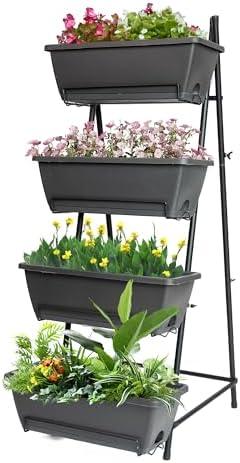 GENMOUS 4 Tier Raised Garden Bed Tall 45'' Vertical Elevated Garden Planter Standing Garden Bed Planter Box with Drainage Holes Removable Tray Outdoor Herb Planter Stand on Patio Balcony Porch Black