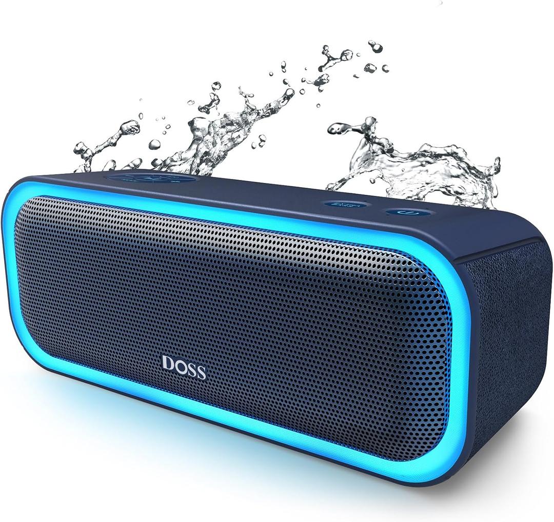 DOSS SoundBox Pro Bluetooth Speaker, 20W Stereo Sound, Active Extra Bass, 20H Playtime, Multi-Colors Lights, Wireless Stereo Pairing, IPX6 Waterproof for Garden, Hiking, Camping, Beach, Party-Blue