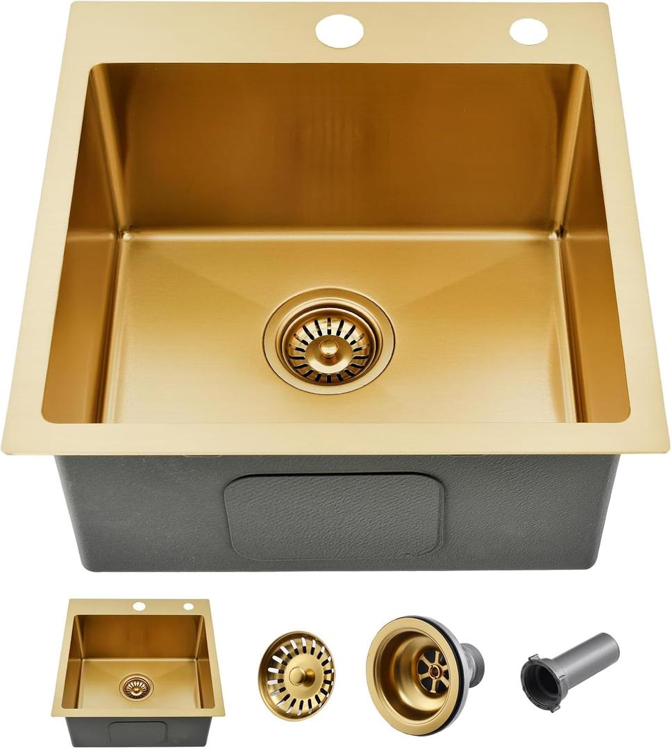 15x15 Inch Gold Drop In Bar Sink, Single Bowl Top Mount Handmade Wet Bar Prep RV Sink, 18 Guage Stainless Steel Outdoor Small Kitchen Sinks with Drain Strainer