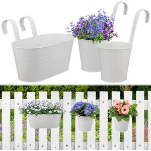 MADHOLLY Railing Planter with Drainage- 10.8" & 5.1" Bucket Pots for Balcony Railing- Metal Iron Hanging Flower Pots for Herb Planter Outdoor Deck & Rail Decor with Hook, 3Pcs, White