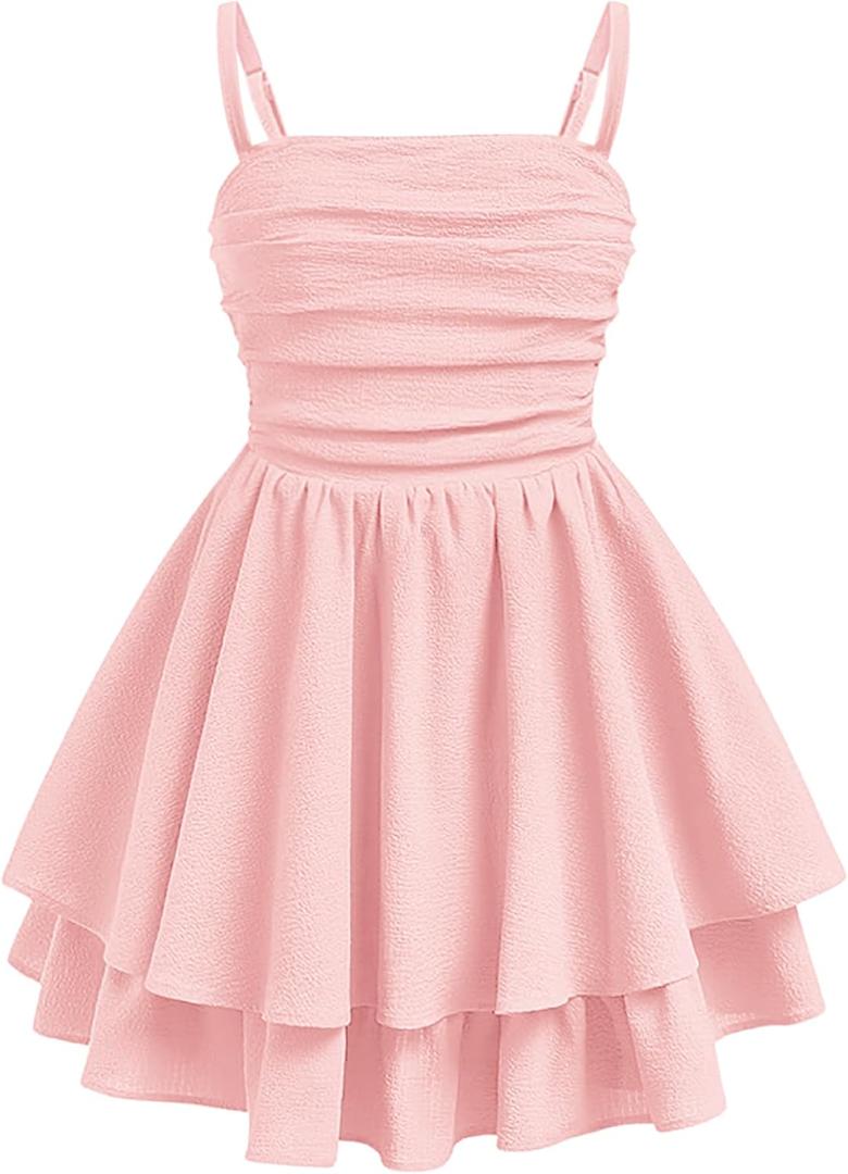 EXARUS Girls Holiday Dress Teen Ruched Ruffled Flowy Spaghetti Strap Dance Prom Formal Party Tween Cute Dresses 8-14Y (Pink)