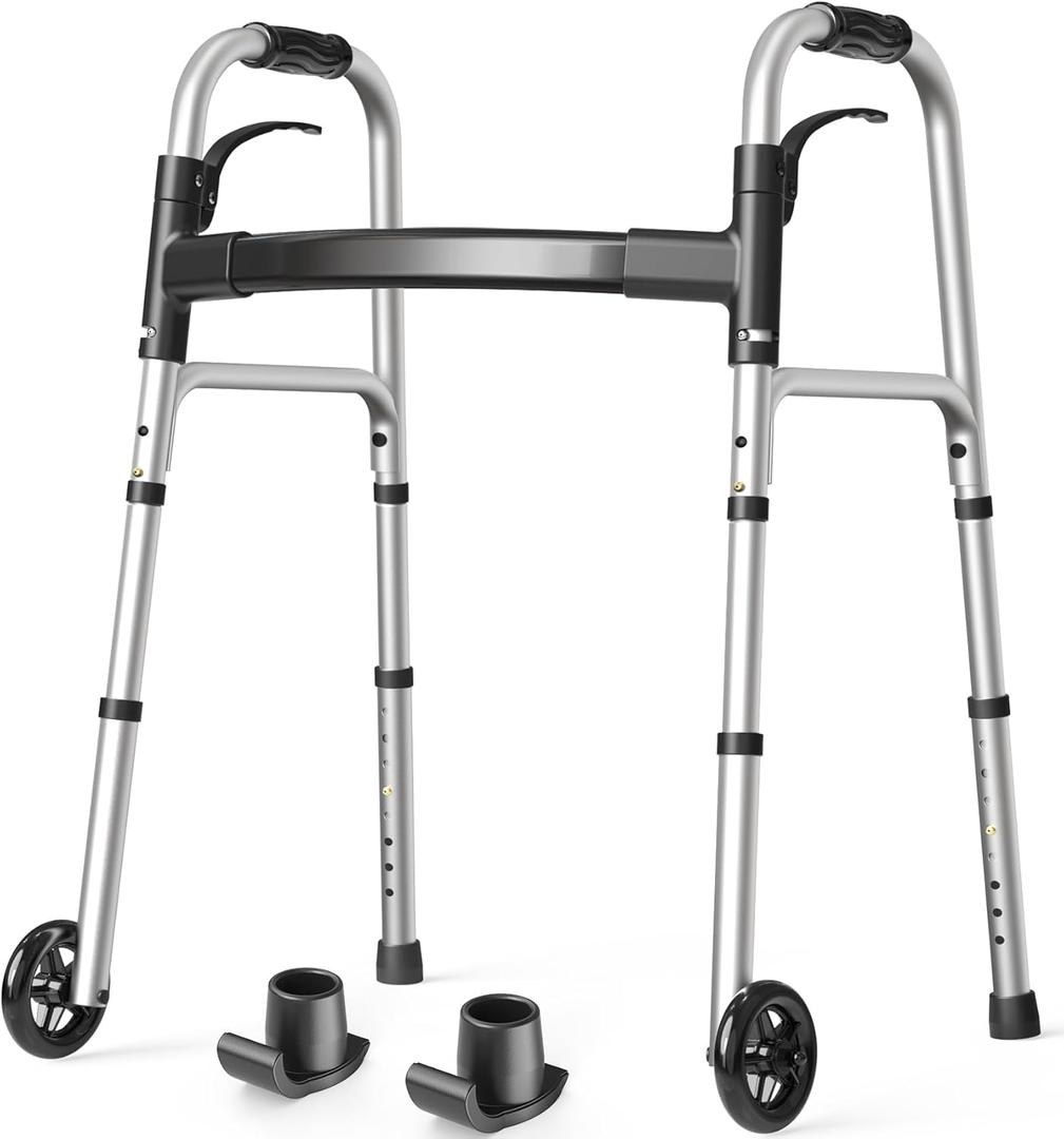 HolyHeal Folding Walkers for Seniors with 2 Skis and 5" Wheels, Lightweight Adult Rolling Walker, Supports Up to 350 Pounds, Adjustable Height, Aluminum Standard Walker, Silver