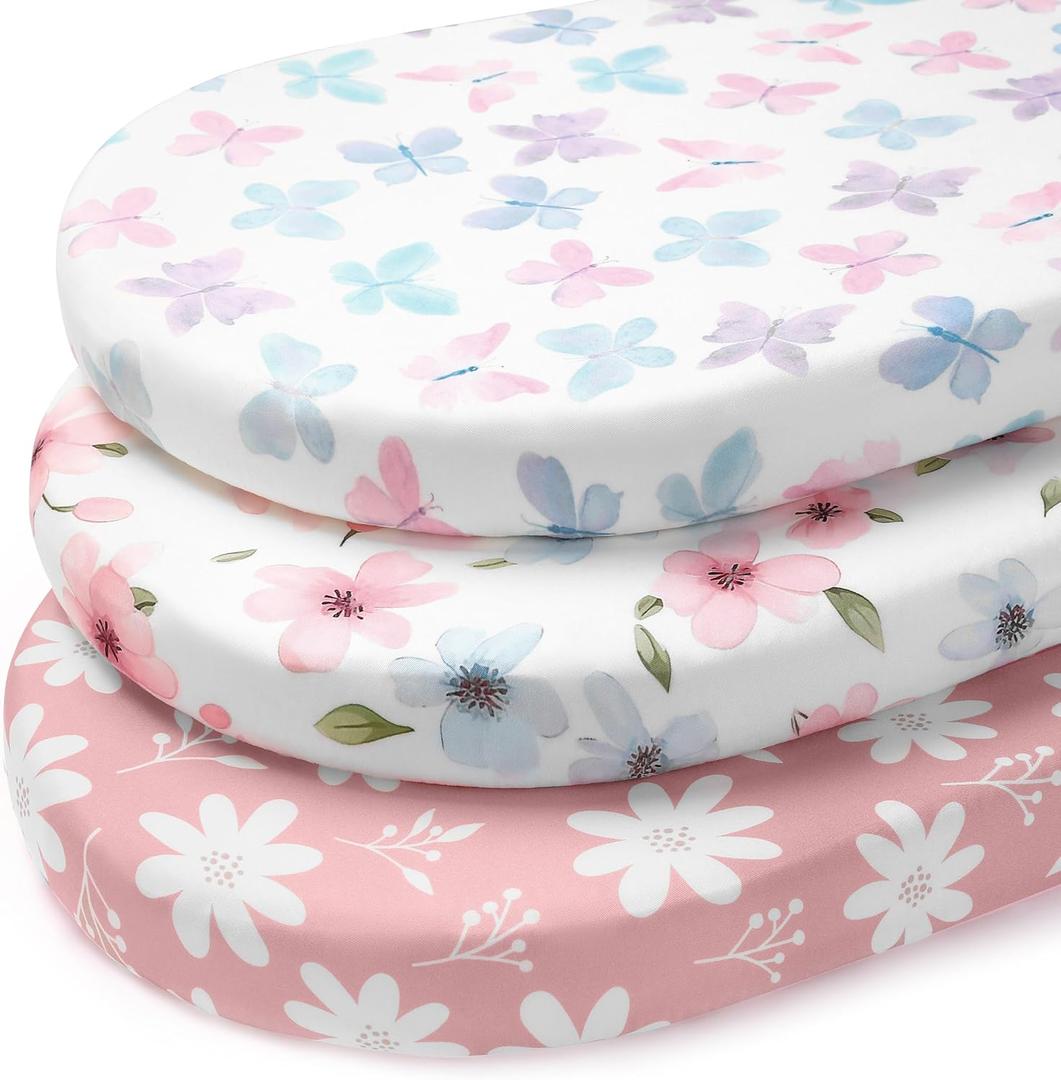 Baby Bassinet Sheets Girl, 3 Pack Fitted Bassinet Mattress Sheets, Compatible with Halo Bassinest Swivel Sleeper & Oval Hourglass Rectangle Mattress, Ultra Soft Butterfly Floral (32 x 16, Pink Butterfly Flower)