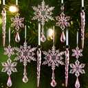 FOIMAS 25pcs Christmas Snowflake Icicle Ornament,Pink Acrylic Icicle Snowflake Drop Pendant Crystal Hanging Ornaments with Ribbon for Christmas Tree Home Decoration