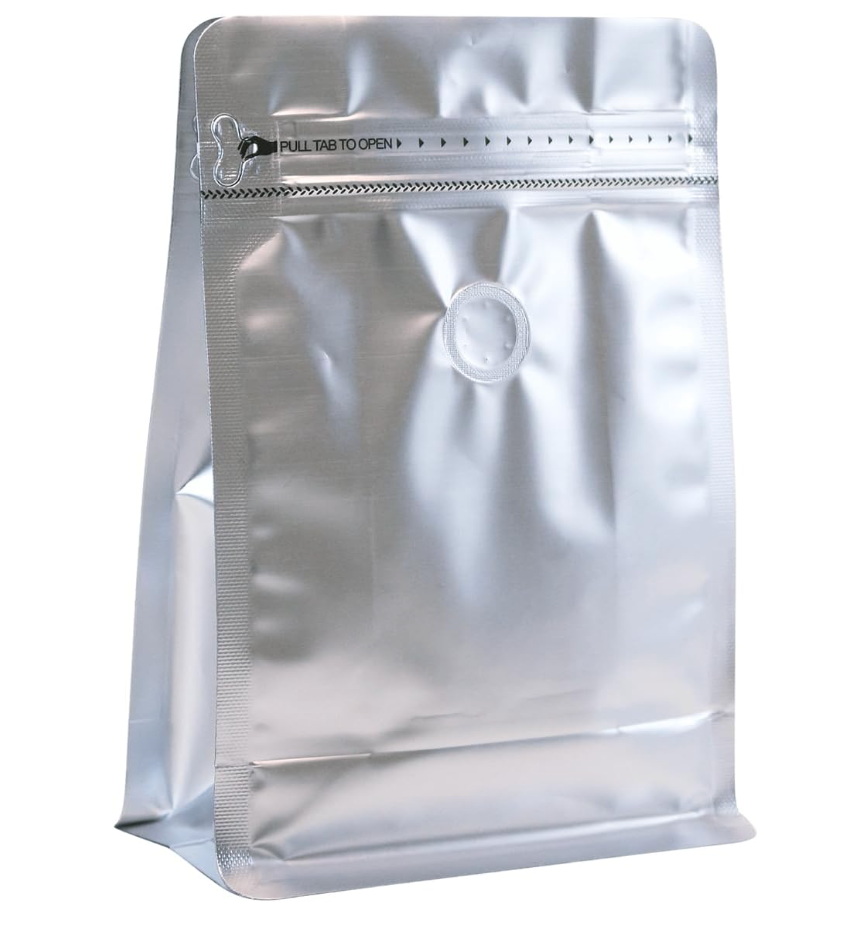BAAGGNAA 60 Pack High Barrier Stand-Up Coffee Bean Bags with Vented Valve, Matte Metallic, Heat-Sealable and Resealable Solid Color Pouches for Food Storage (5.1 * 8 inch,1/2 lb,8 oz,Silver)