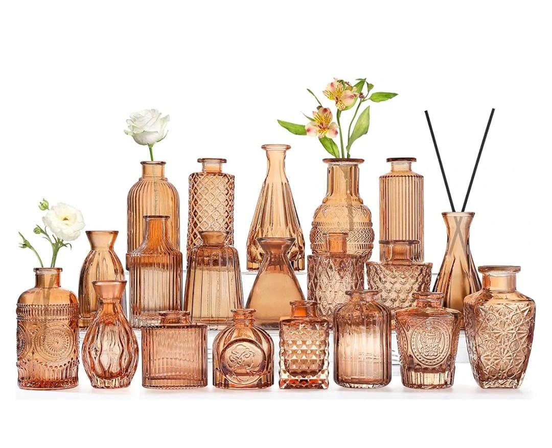 Amber Glass Bud Vases -Set of 20 for Flowers, Small Amber Bud Vases in Bulk for Centerpieces Decor, Mini Glass Set for Home Table Decorations