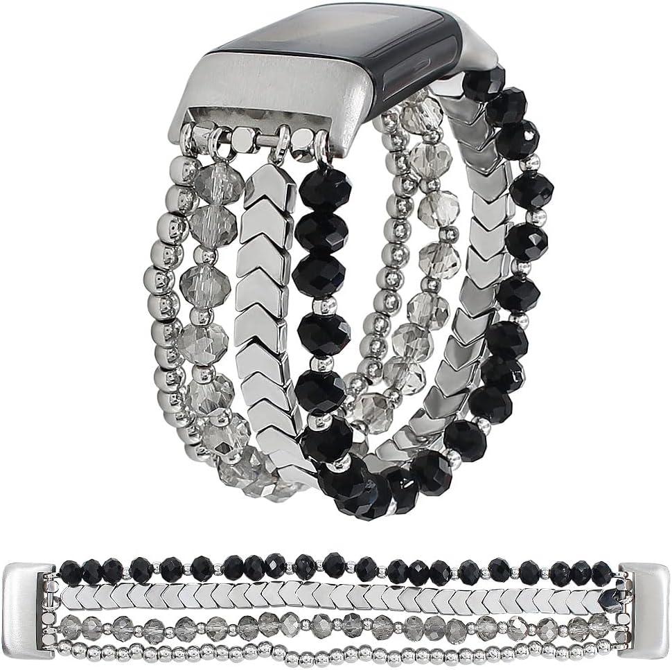 WONMILLE Beaded Bracelet Compatible with Fitbit Charge 6 Bands/Fitbit Charge 5 Bands Women, Elastic Stretch Bracelets Jewelry Strap Replacement for Charge 6/Charge 5 Fitness Tracker L