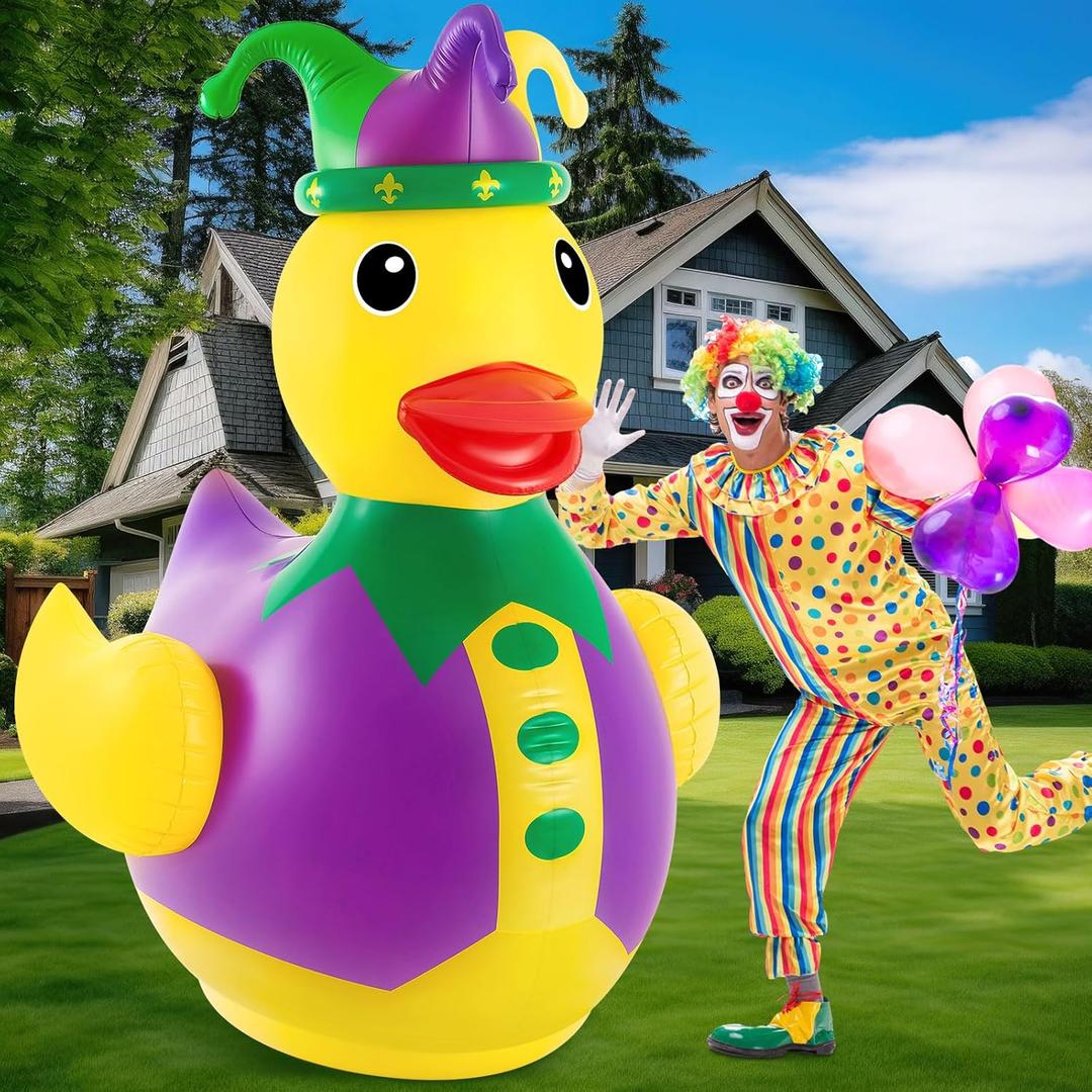Hungdao 4 ft PVC Mardi Gras Inflatable Duck - Blow up Pool Float Large Giant Rubber Ducks - Mardi Gras Inflatable Decorations Outdoor for Carnivals Party Supplies Favors - Air Pump Not Included