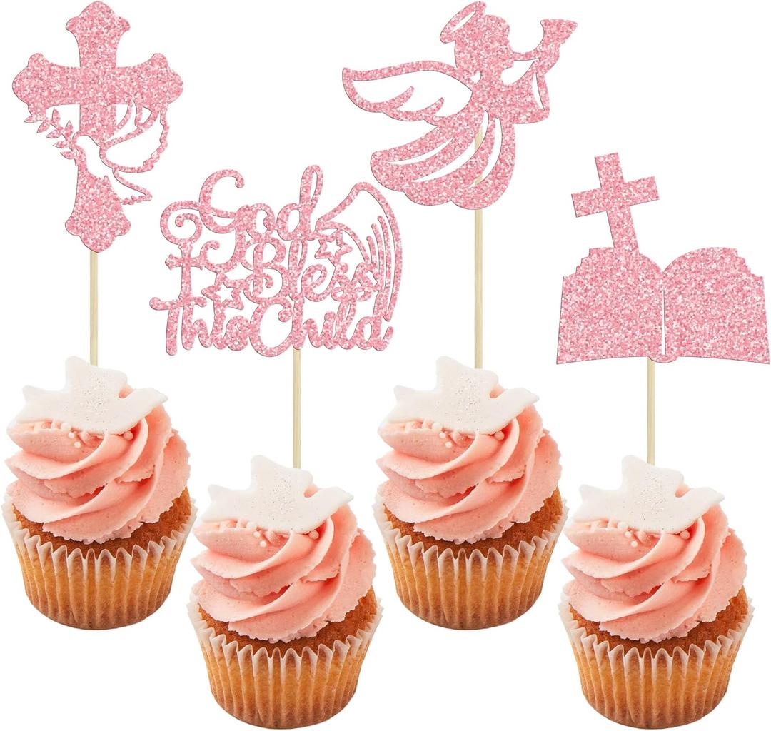 24 Pack Baptism Cupcake Toppers Pink God Bless This Child Cake Toppers Cross Cupcake Picks First Communion Bling Newborn Baby Shower Baptism Party Decorations