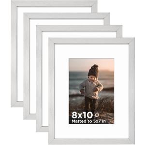 KINLINK 8x10 Picture Frame Silver Set of 4, Wooden Photo Frames Matted 5x7 with Plexiglass for 5x7 with Mat or 8x10 without Mat for Table and Wall Display
