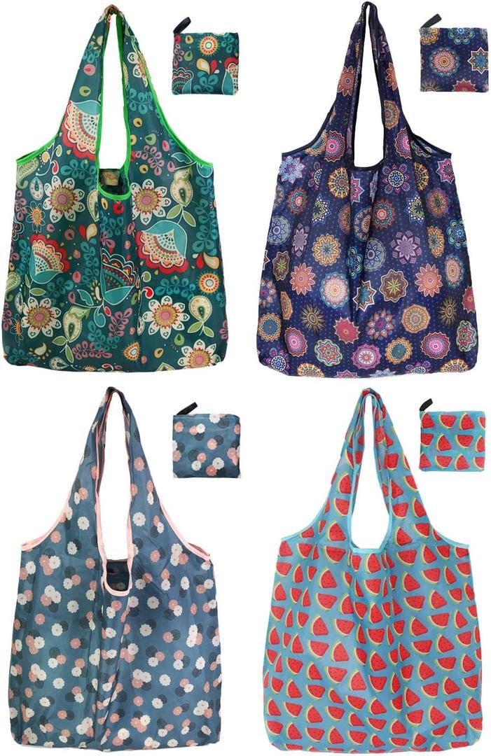Tote Bag, 4 Pack 50Lbs Reusable Grocery Bags Gift For Women, Bulk Foldable Shopping Totes With Handles, Stylish Large Boho Tote Bags, Portable Market Cloth Storage Bags, Lightweight Heavy Duty