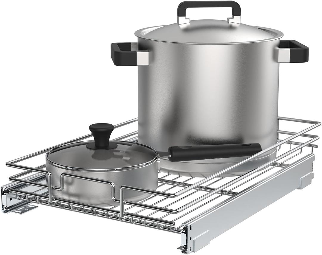 Pull Out Cabinet Organizer, Heavy-Duty Metal Sliding Drawer Shelf for Kitchen Cabinets, Chrome, Doesn't Include Door Fittings (17 * 21 IN)