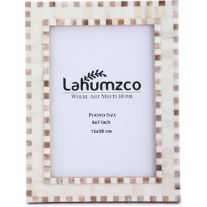 Lahumzco Bone Picture Photo Frame Checkered Pattern Beading Art Inspired Vintage Table-Top/Wall Décor Handmade Frames (5x7 Inches, Brown, White)