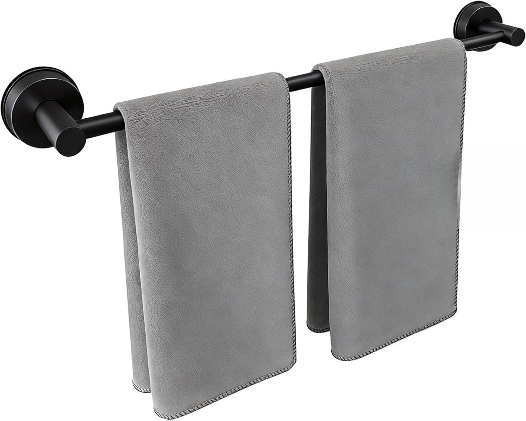 No-Drill Stainless Steel Suction Cup Towel Bar, Adjustable 14.624 Inch Bathroom Towel Rack for Glass Shower Door & Tile Wall, Heavy Duty Wall Mounted Towel Holder(Matte Black)