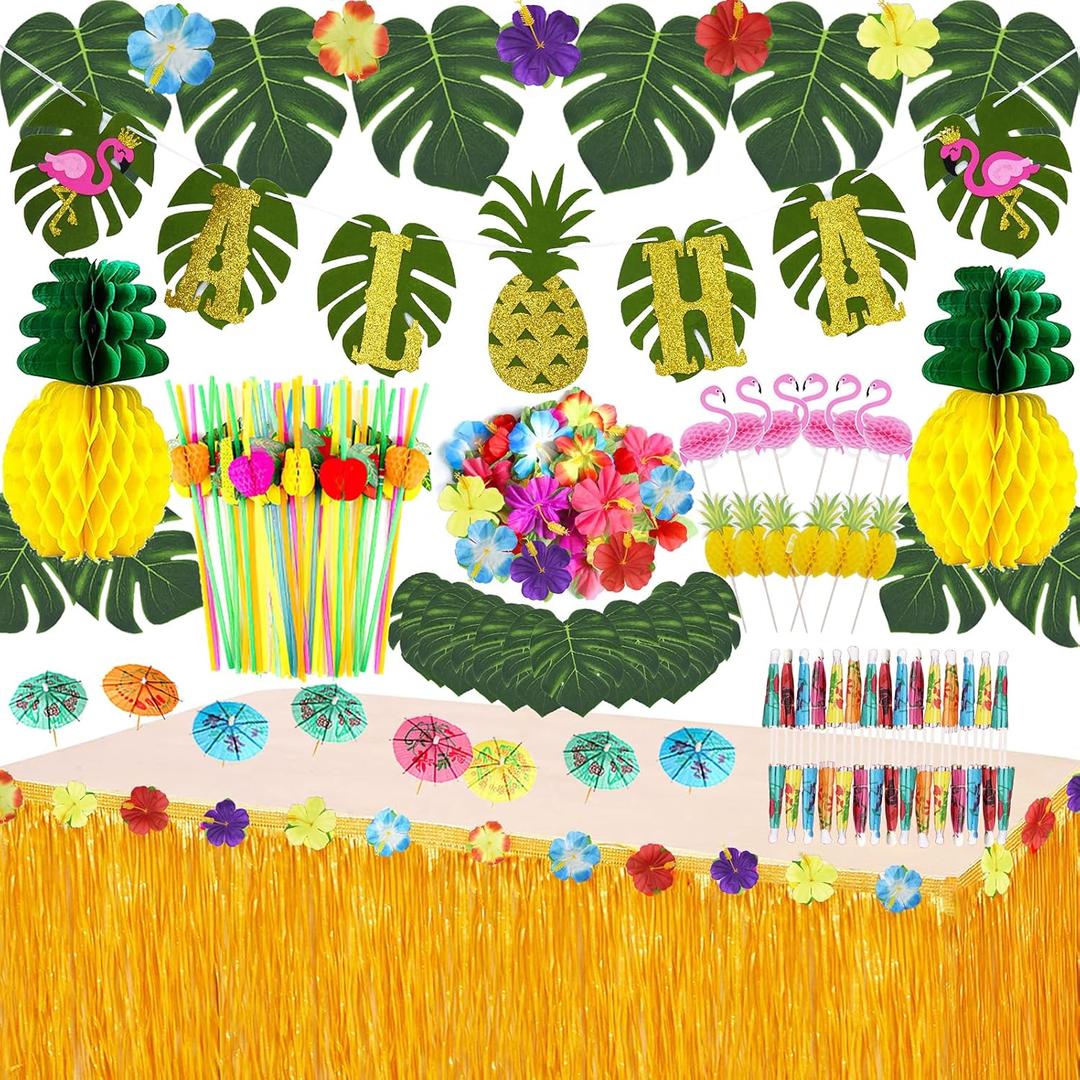 JOPHMO Tropical Luau Party Decoration Pack Hawaiian Beach Theme Party Favors Luau Party Supplies (112 PCS) including Banner, Table Skirt, Straws, Flamingo, Pineapple Dcors.